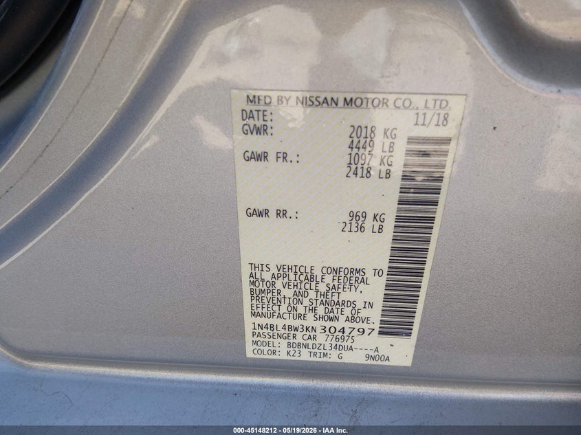 2019 Nissan Altima VIN 1N4BL4BW3KN304797 IAAI salvage auction — RIGHT SIDE, Salvage Title, sold $1,550 on 2026-07-18 (photo 9)