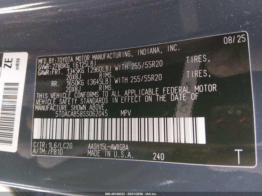 2025 Toyota Highlander VIN 5TDACAB58SS062045 IAAI salvage auction — LEFT SIDE, Salvage (Illinois), sold $25,200 on 2026-07-13 (photo 9)
