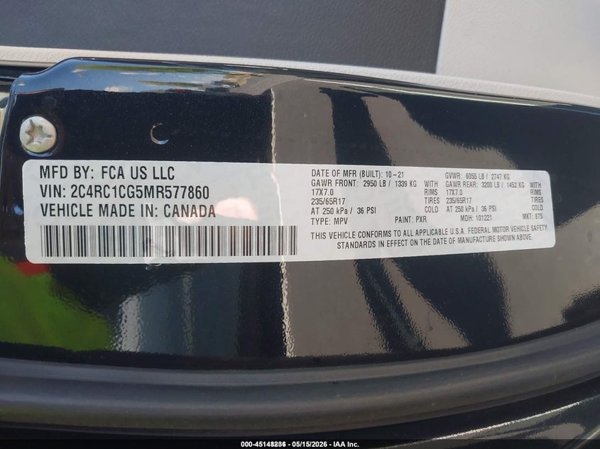 2021 Chrysler Voyager VIN 2C4RC1CG5MR577860 IAAI salvage auction — NORMAL WEAR, Sf97 (Virginia), sold $7,800 on 2026-07-31 (photo 9)