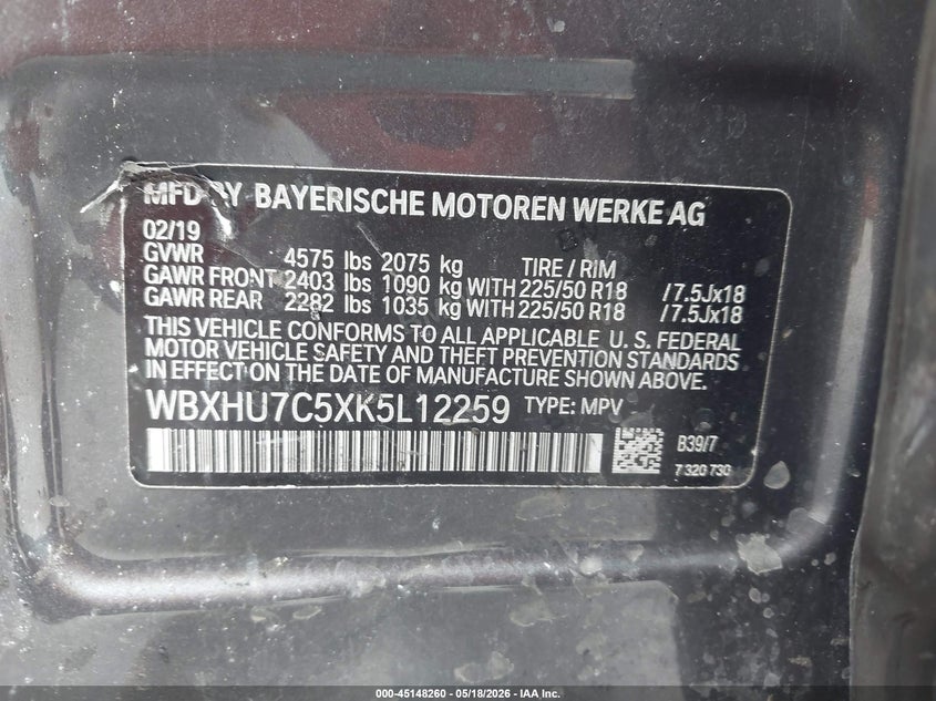 2019 BMW X1 VIN WBXHU7C5XK5L12259 IAAI salvage auction — BURN, Certificate Of Destruction (Florida), sold $200 on 2026-07-23 (photo 9)