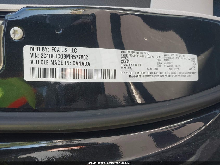 2021 Chrysler Voyager VIN 2C4RC1CG9MR577862 IAAI salvage auction — NORMAL WEAR, SF97 (Virginia), sold $10,300 on 2026-07-22 (photo 9)
