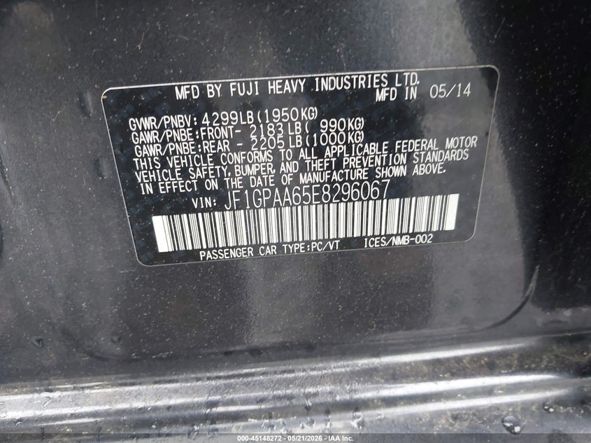 2014 Subaru Impreza VIN JF1GPAA65E8296067 IAAI salvage auction — FRONT END, Salvage (New Jersey), sold $550 on 2026-07-13 (photo 9)