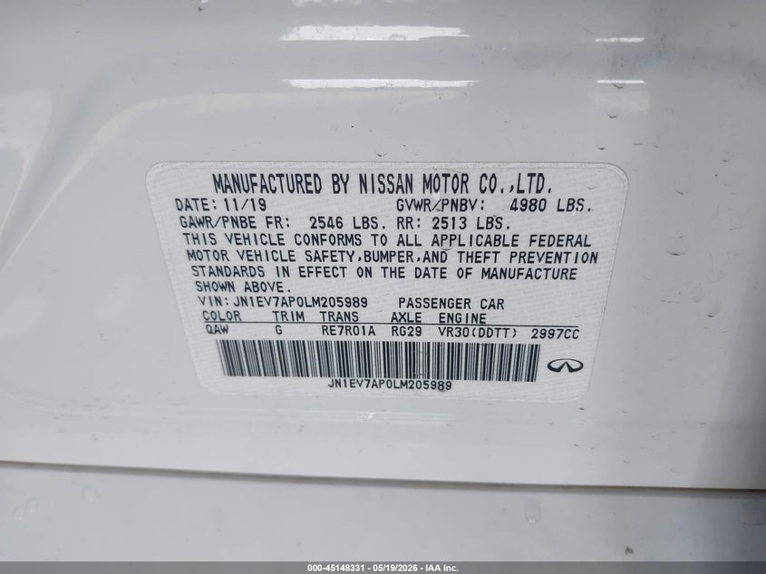 2020 Infiniti Q50 VIN JN1EV7AP0LM205989 IAAI salvage auction — RIGHT FRONT, Salvage (Arizona), sold $4,450 on 2026-07-14 (photo 9)