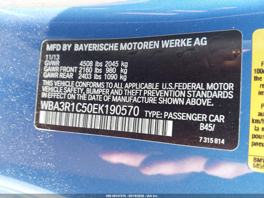 2014 BMW 4er VIN WBA3R1C50EK190570 IAAI salvage auction — FRONT END, Salvage (North Carolina), sold $6,900 on 2026-08-06 (photo 9)