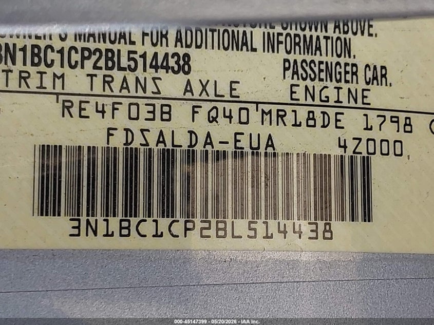 2011 Nissan Versa VIN 3N1BC1CP2BL514438 IAAI salvage auction — FRONT END, Salvage (California), sold $525 on 2026-07-09 (photo 9)