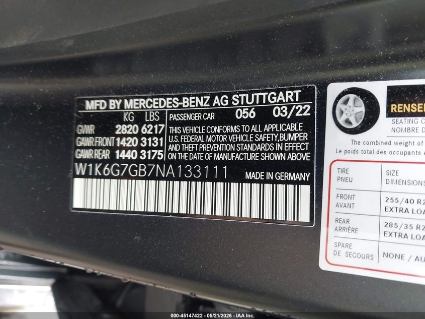2022 Mercedes-benz S-klasse VIN W1K6G7GB7NA133111 IAAI salvage auction — VANDALISM, Salvage (Virginia), sold $48,200 on 2026-07-17 (photo 9)