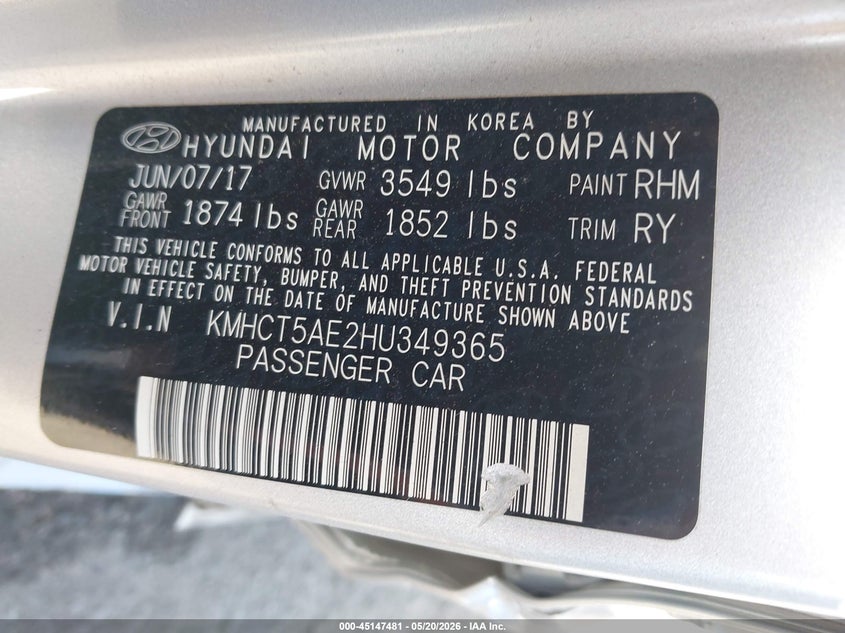 2017 Hyundai Accent VIN KMHCT5AE2HU349365 IAAI salvage auction — SIDE, Salvage (California), sold $1,000 on 2026-07-27 (photo 9)
