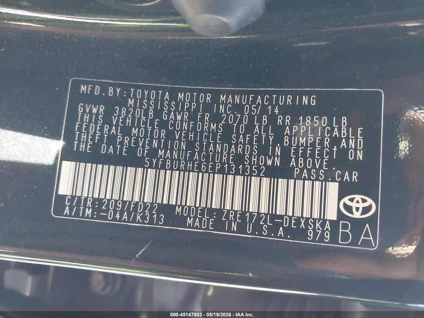 2014 Toyota Corolla VIN 5YFBURHE6EP131352 IAAI salvage auction — LEFT REAR, Salvage (New Jersey), sold $3,550 on 2026-07-07 (photo 9)