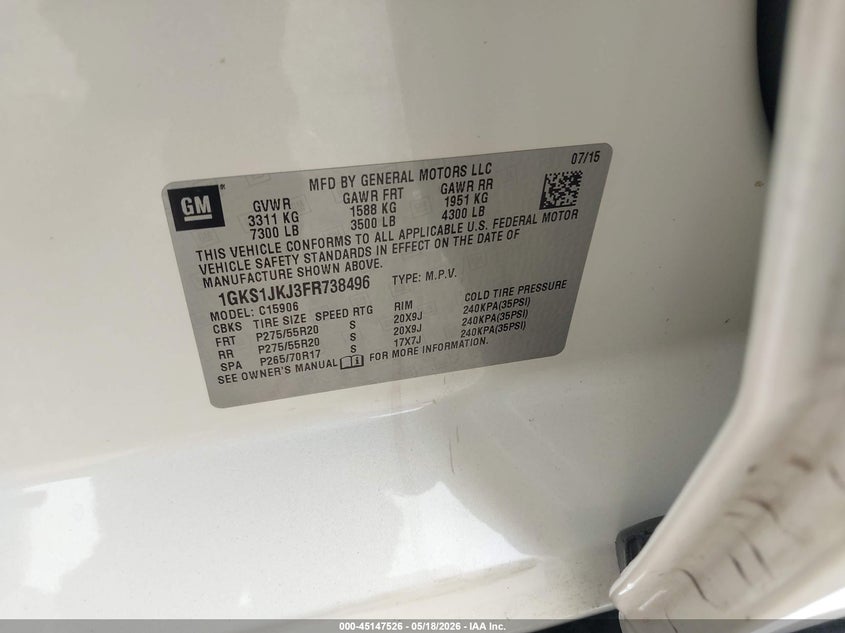 2015 Gmc Yukon VIN 1GKS1JKJ3FR738496 IAAI salvage auction — FRONT END, Original (Texas), sold $3,900 on 2026-07-09 (photo 9)