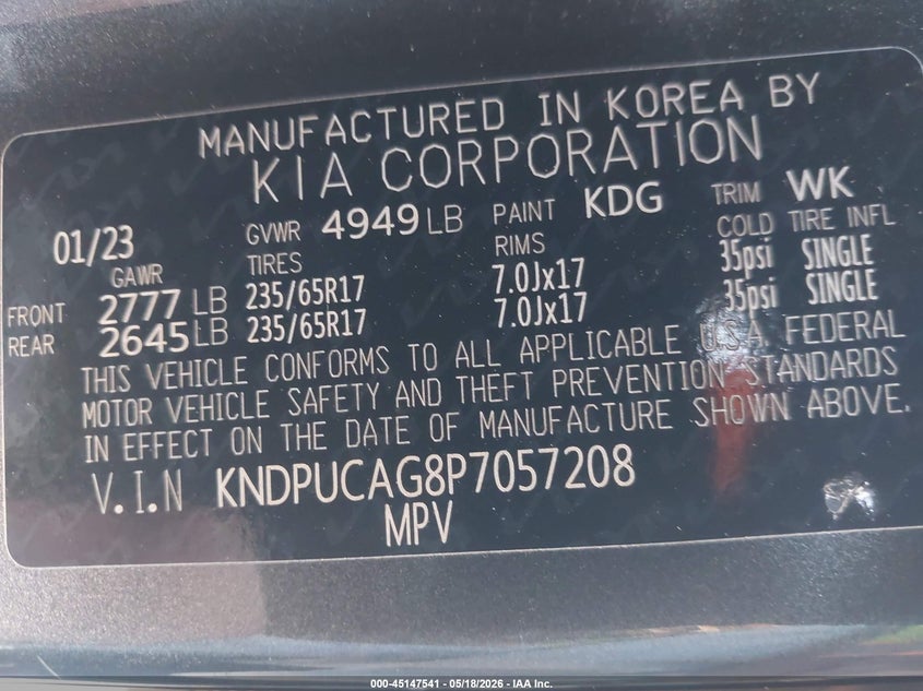 2023 Kia Sportage VIN KNDPUCAG8P7057208 IAAI salvage auction — REAR END, Salvage (California), sold $8,550 on 2026-07-29 (photo 9)