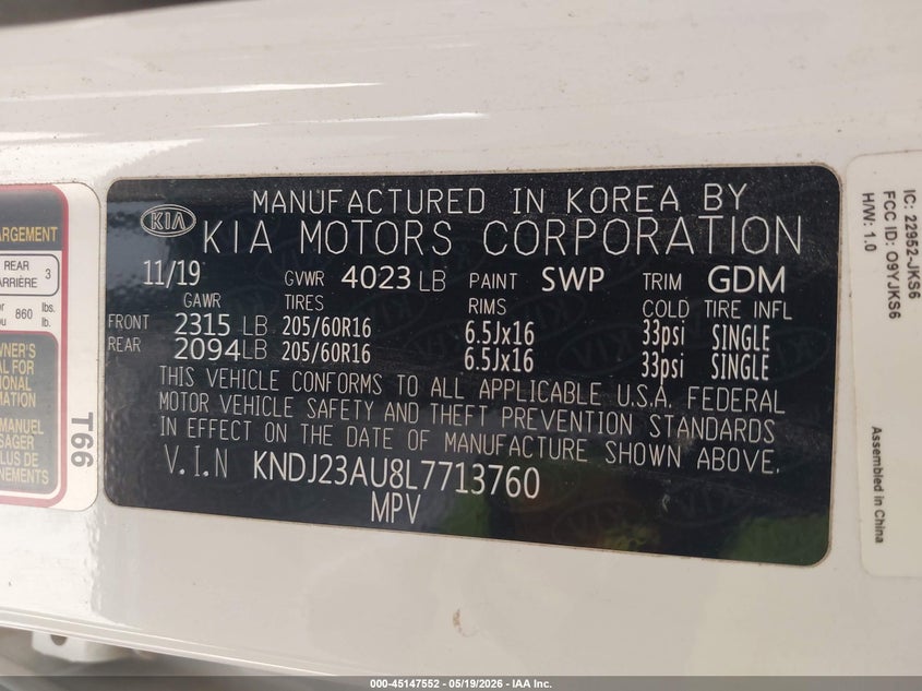 2020 Kia Soul VIN KNDJ23AU8L7713760 IAAI salvage auction — RIGHT SIDE, Salvage (Texas), sold $2,350 on 2026-07-06 (photo 9)