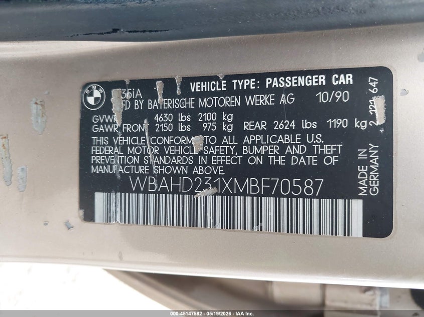 1991 BMW 5 series VIN WBAHD231XMBF70587 IAAI salvage auction — NORMAL WEAR, Affidavit In Lieu Of Title (Washington), sold $625 on 2026-07-14 (photo 9)