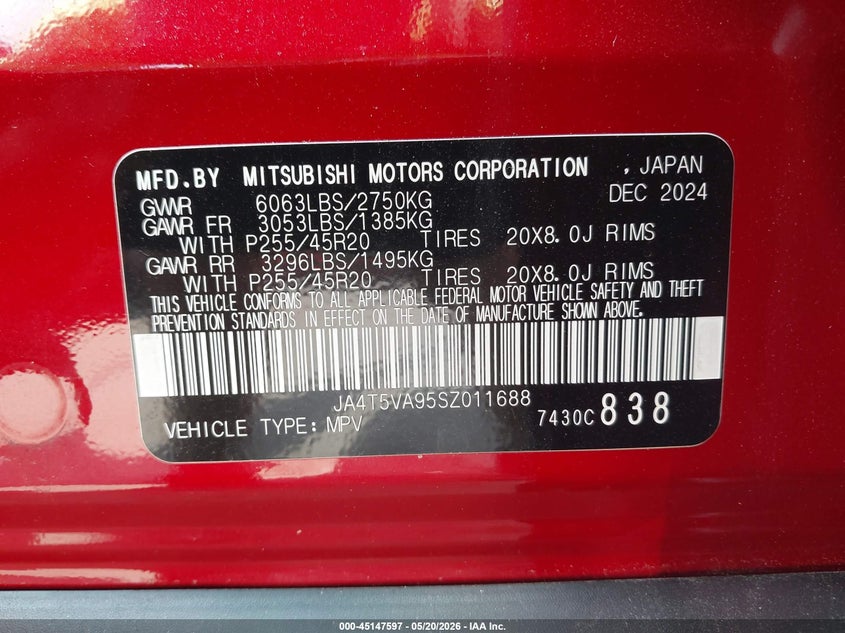 2025 Mitsubishi Outlander VIN JA4T5VA95SZ011688 IAAI salvage auction — FRONT END, Salvage Title, sold $17,100 on 2026-07-17 (photo 9)