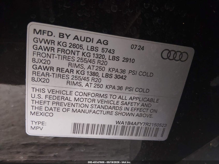 2024 Audi Sq5 VIN WA1B4AFY7R2150523 IAAI salvage auction — FRONT END, Salvage (Texas), sold $8,400 on 2026-07-21 (photo 9)