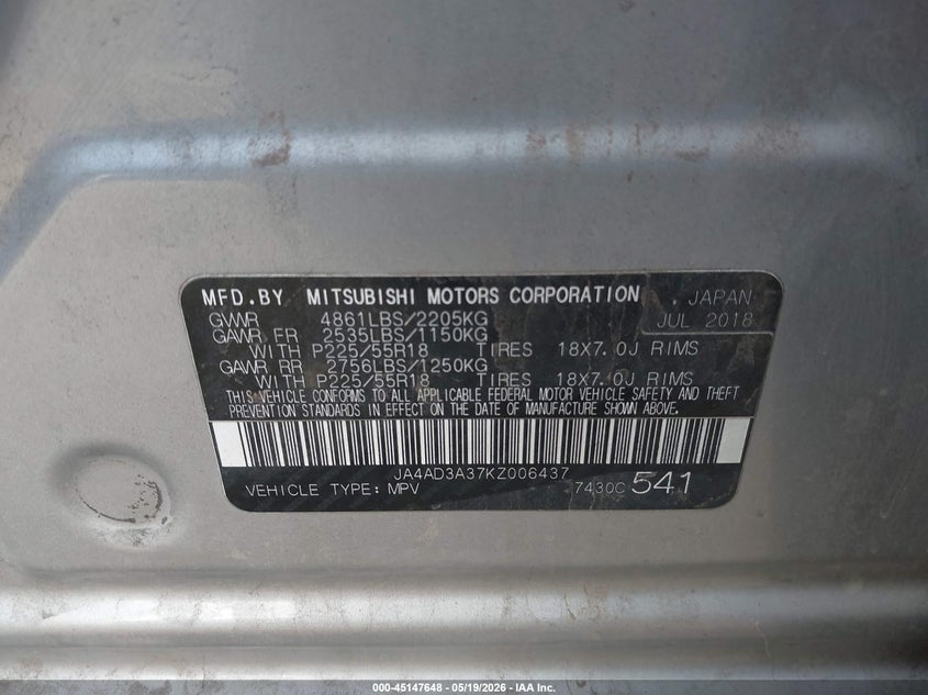 2019 Mitsubishi Outlander VIN JA4AD3A37KZ006437 IAAI salvage auction — FRONT END, Original (Texas), sold $1,200 on 2026-07-21 (photo 9)