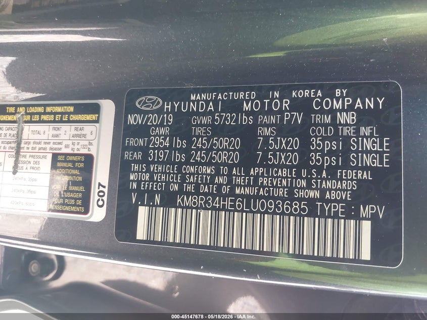 2020 Hyundai Palisade VIN KM8R34HE6LU093685 IAAI salvage auction — FRONT END, Salvage (Georgia), sold $4,950 on 2026-07-29 (photo 9)