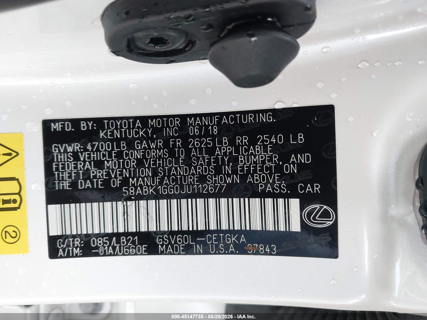 2018 Lexus ES VIN 58ABK1GG0JU112677 IAAI salvage auction — FRONT END, Original (Texas), sold $8,100 on 2026-07-30 (photo 9)