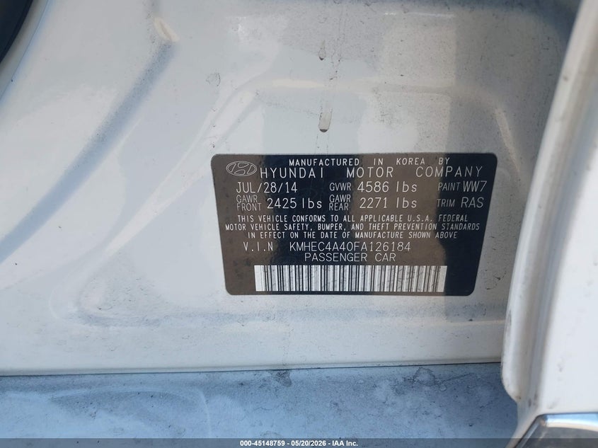 2015 Hyundai Sonata VIN KMHEC4A40FA126184 IAAI salvage auction — LEFT FRONT, Salvage (California), sold $525 on 2026-07-15 (photo 9)