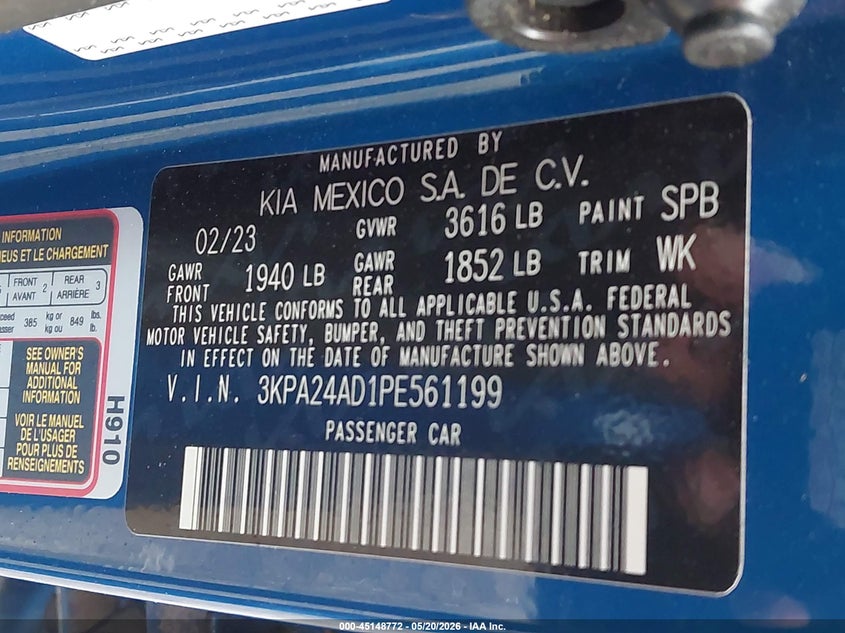 2023 Kia Rio VIN 3KPA24AD1PE561199 IAAI salvage auction — HAIL, Original (Texas), sold $4,400 on 2026-07-09 (photo 9)