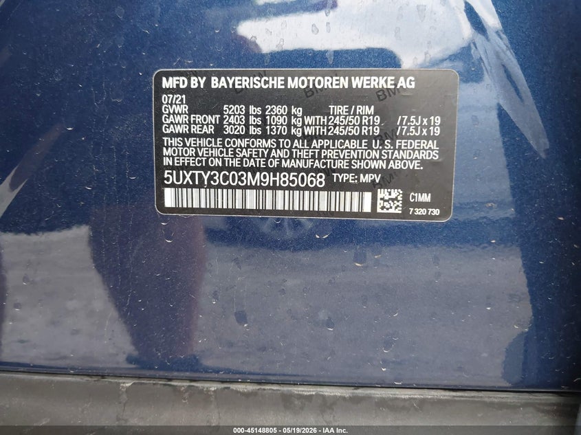 2021 BMW X3 VIN 5UXTY3C03M9H85068 IAAI salvage auction — FRONT END, Original (Texas), sold $8,000 on 2026-07-28 (photo 9)