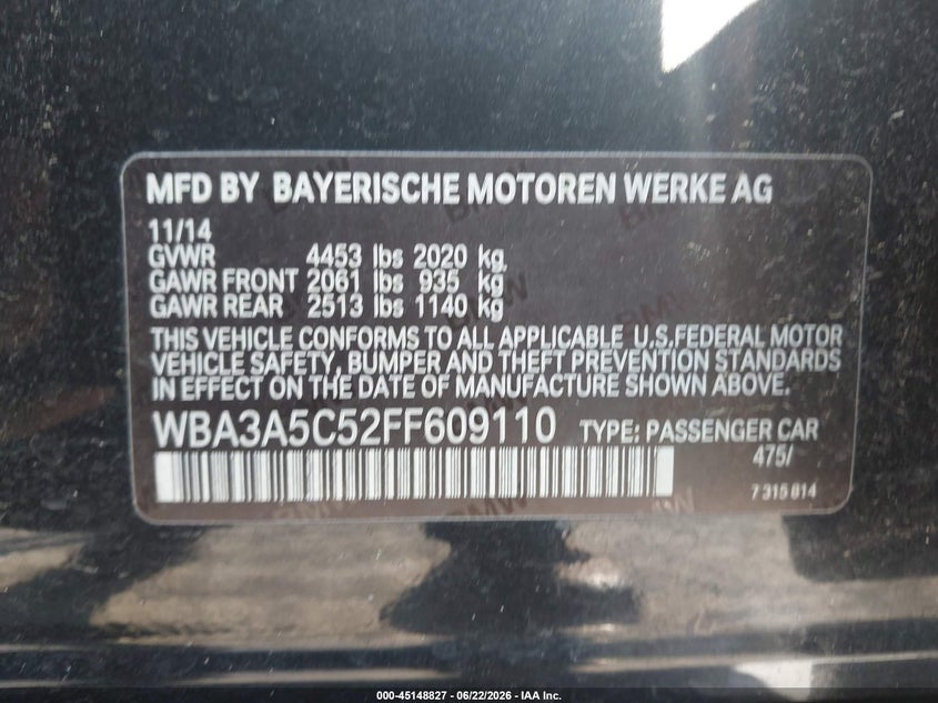2015 BMW 3er VIN WBA3A5C52FF609110 IAAI salvage auction — NORMAL WEAR, Clear (Virginia), sold $1,675 on 2026-07-30 (photo 9)