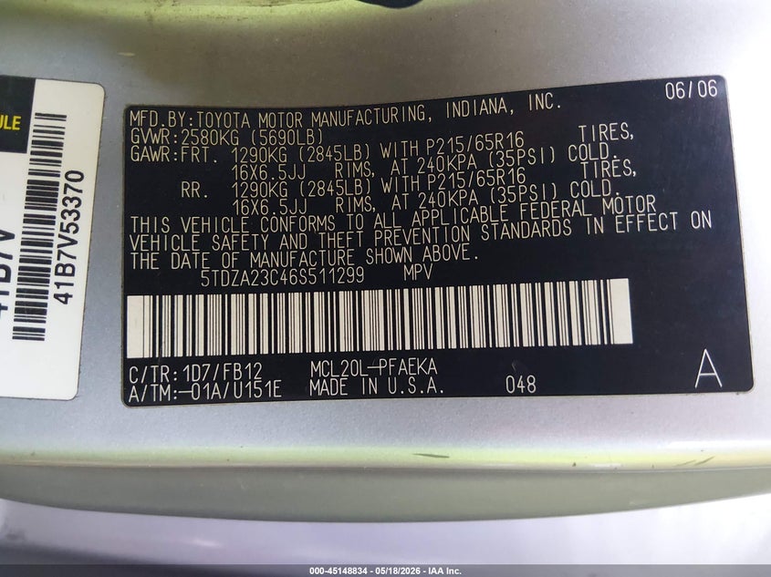 2006 Toyota Sienna VIN 5TDZA23C46S511299 IAAI salvage auction — RIGHT REAR, Salvage (Arizona), sold $750 on 2026-07-07 (photo 9)