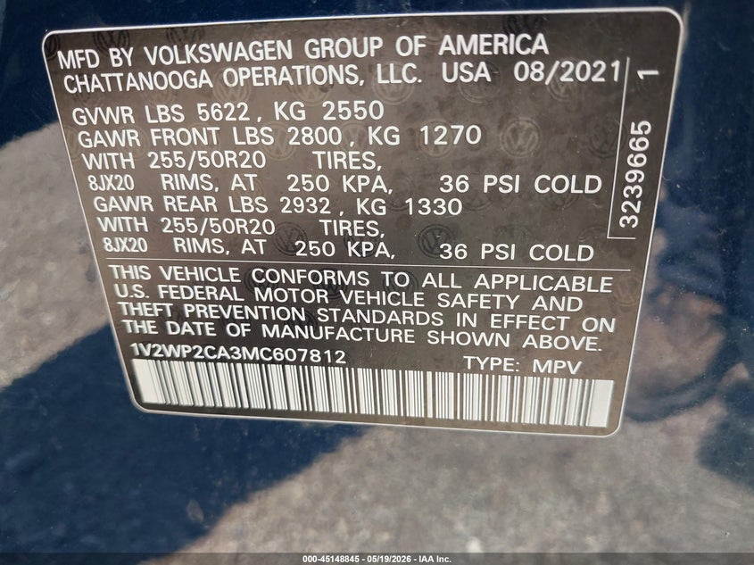2021 Volkswagen Atlas VIN 1V2WP2CA3MC607812 IAAI salvage auction — REAR END, Salvage (Indiana), sold $4,550 on 2026-07-09 (photo 9)