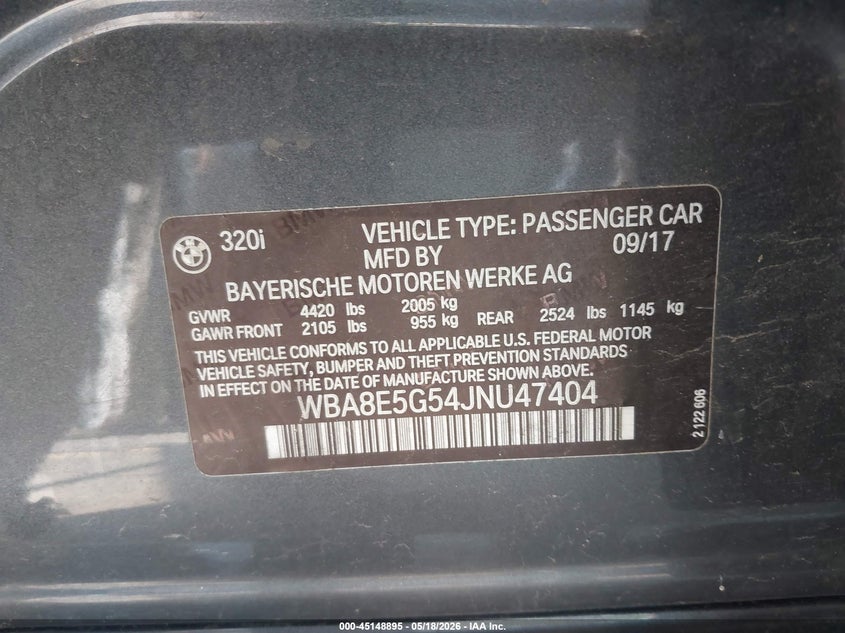 2018 BMW 3er VIN WBA8E5G54JNU47404 IAAI salvage auction — FRONT END, Salvage (Connecticut), sold $350 on 2026-07-30 (photo 9)