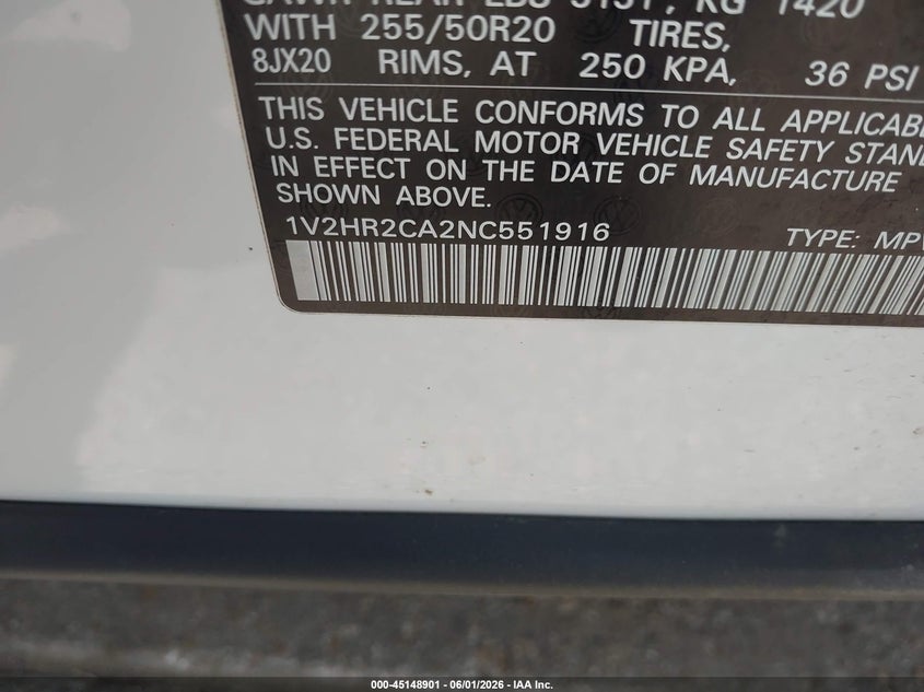 2022 Volkswagen Atlas VIN 1V2HR2CA2NC551916 IAAI salvage auction — REAR END, Original (Texas), sold $7,100 on 2026-07-29 (photo 9)