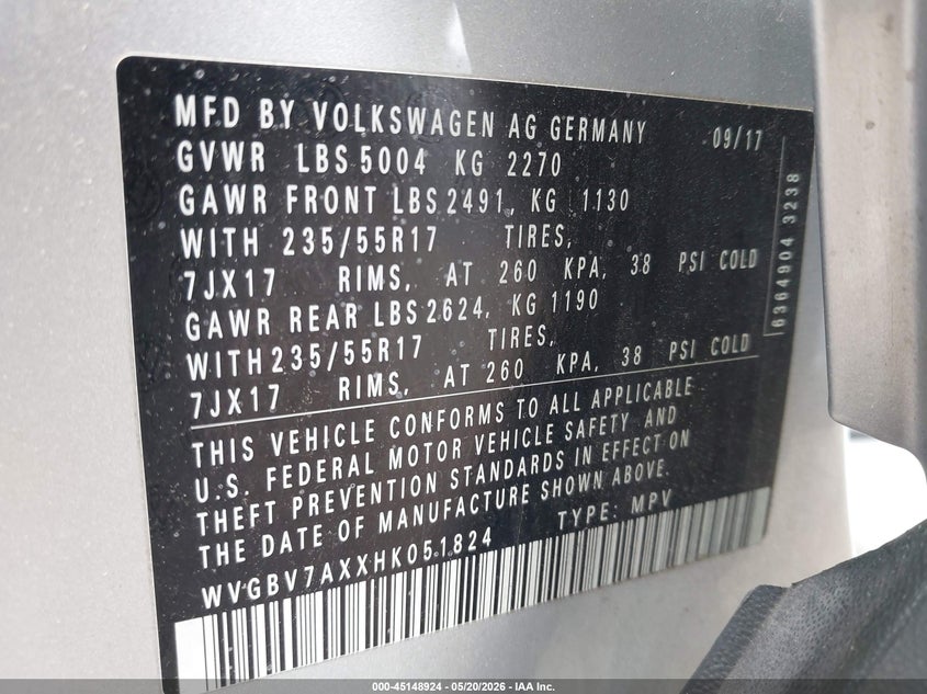 2017 Volkswagen Tiguan VIN WVGBV7AXXHK051824 IAAI salvage auction — FRONT & REAR, Mv-907A (New York), sold $525 on 2026-07-22 (photo 9)