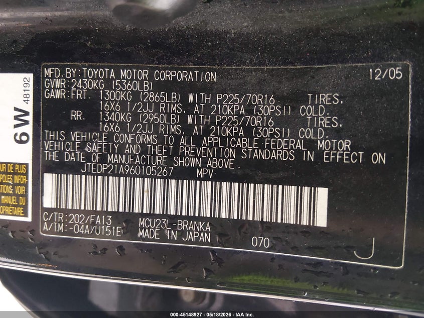 2006 Toyota Highlander VIN JTEDP21A960105267 IAAI salvage auction — NORMAL WEAR, Clear (Missouri), sold $575 on 2026-07-14 (photo 9)