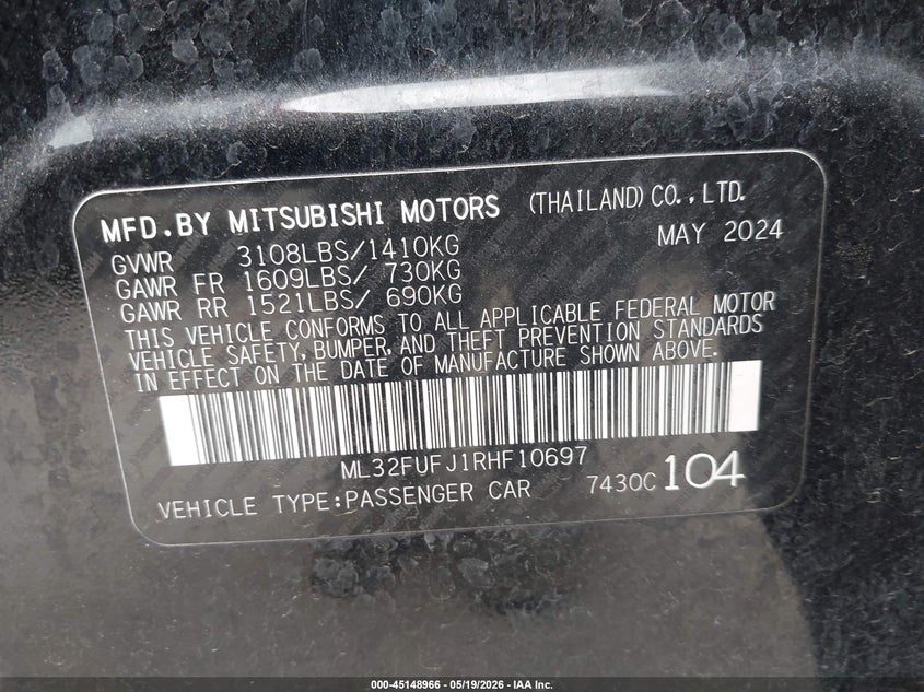 2024 Mitsubishi Mirage VIN ML32FUFJ1RHF10697 IAAI salvage auction — FRONT END, Salvage (Texas), sold $1,900 on 2026-07-29 (photo 9)
