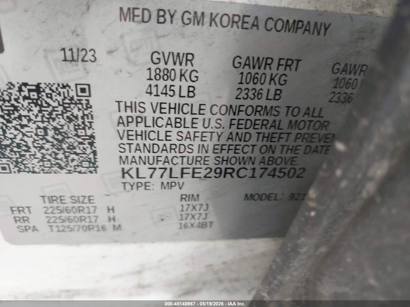 2024 Chevrolet Trax VIN KL77LFE29RC174502 IAAI salvage auction — FRONT END, Original (Texas), sold $4,900 on 2026-07-10 (photo 9)