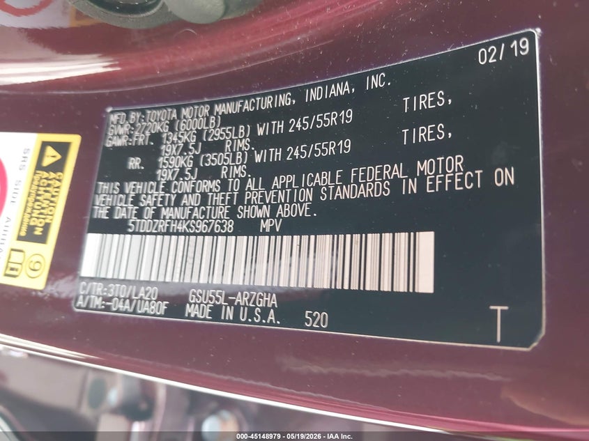 2019 Toyota Highlander VIN 5TDDZRFH4KS967638 IAAI salvage auction — VANDALISM, Salvage (Massachusetts), sold $16,500 on 2026-07-24 (photo 9)