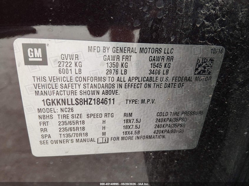 2017 Gmc Acadia VIN 1GKKNLLS8HZ184611 IAAI salvage auction — LEFT FRONT, Original (Texas), sold $2,350 on 2026-07-11 (photo 9)