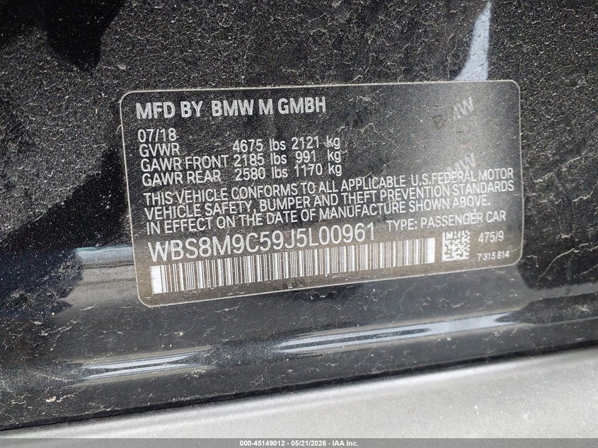 2018 BMW M3 VIN WBS8M9C59J5L00961 IAAI salvage auction — FRONT & REAR, Salvage (Illinois), sold $26,800 on 2026-07-06 (photo 9)
