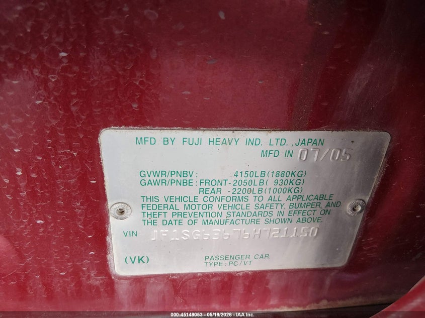 2006 Subaru Forester VIN JF1SG63676H721150 IAAI salvage auction — LEFT FRONT, Original (Texas), sold $575 on 2026-07-29 (photo 9)