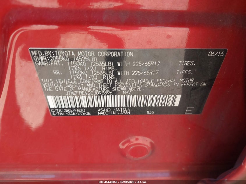 2016 Toyota Rav4 VIN JTMZFREV2GJ093896 IAAI salvage auction — FRONT & REAR, Salvage (Alabama), sold $2,025 on 2026-07-08 (photo 9)