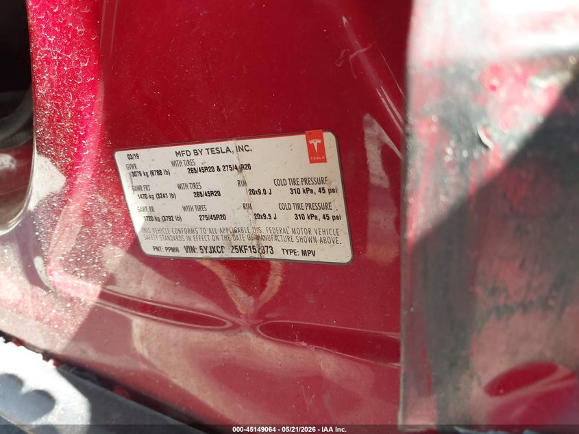 2019 Tesla Model x VIN 5YJXCDE25KF157373 IAAI salvage auction — LEFT SIDE, Clear (Michigan), sold $6,150 on 2026-07-27 (photo 9)