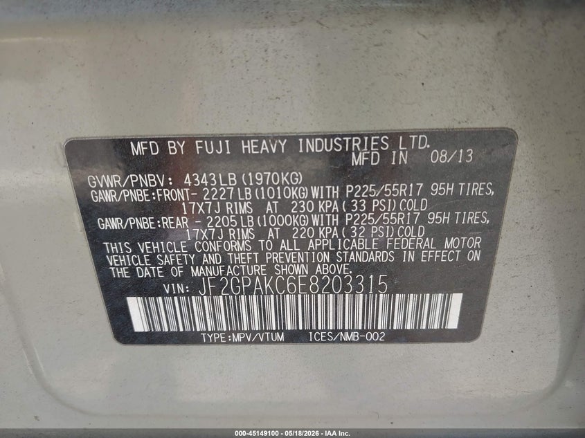 2014 Subaru Xv VIN JF2GPAKC6E8203315 IAAI salvage auction — RIGHT FRONT, Salvage (North Carolina), sold $325 on 2026-07-22 (photo 9)