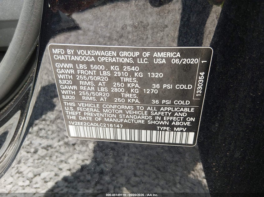 2020 Volkswagen Atlas cross sport VIN 1V2EE2CA0LC216147 IAAI salvage auction — FRONT END, Salvage (Alabama), sold $3,950 on 2026-07-09 (photo 9)