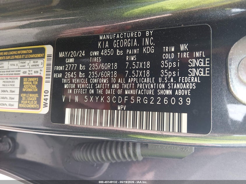 2024 Kia Sportage VIN 5XYK3CDF5RG226039 IAAI salvage auction — HAIL, Salvage (Ohio), sold $5,100 on 2026-07-28 (photo 9)