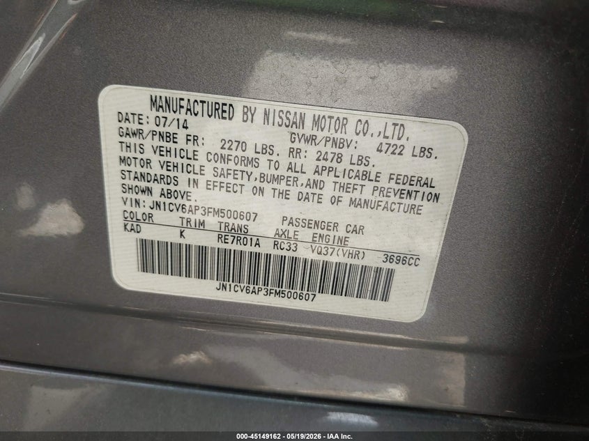 2015 Infiniti Q40 VIN JN1CV6AP3FM500607 IAAI salvage auction — BIO HAZARD, Salvage (Texas), sold $25 on 2026-07-22 (photo 9)