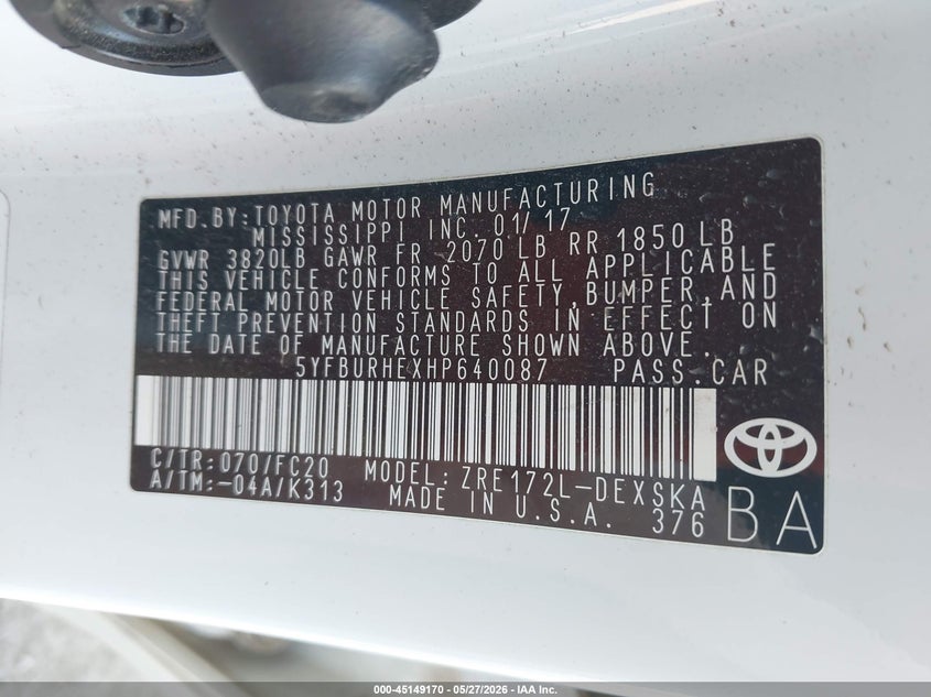 2017 Toyota Corolla VIN 5YFBURHEXHP640087 IAAI salvage auction — RIGHT FRONT, Salvage Title, sold $3,050 on 2026-07-28 (photo 9)