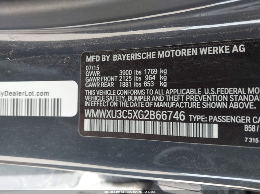 2016 Mini Hard top VIN WMWXU3C5XG2B66746 IAAI salvage auction — FRONT END, Original (Texas), sold $2,600 on 2026-07-22 (photo 9)