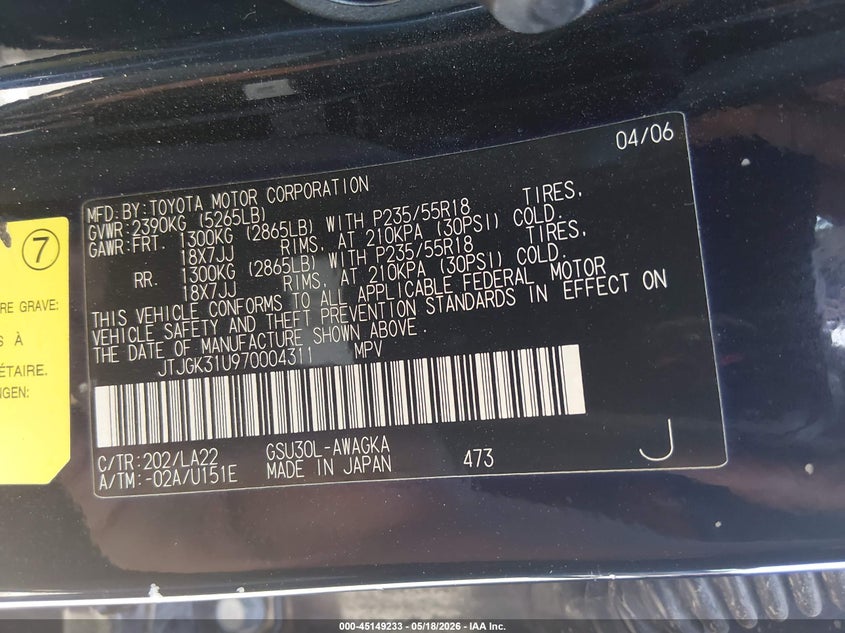 2007 Lexus Rx 350 VIN JTJGK31U970004311 IAAI salvage auction — FRONT END, Salvage (Nevada), sold $1,800 on 2026-07-10 (photo 9)