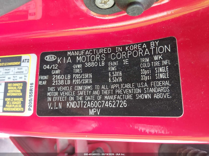 2012 Kia Soul VIN KNDJT2A60C7462726 IAAI salvage auction — REAR END, Salvage (Louisiana), sold $175 on 2026-07-29 (photo 9)