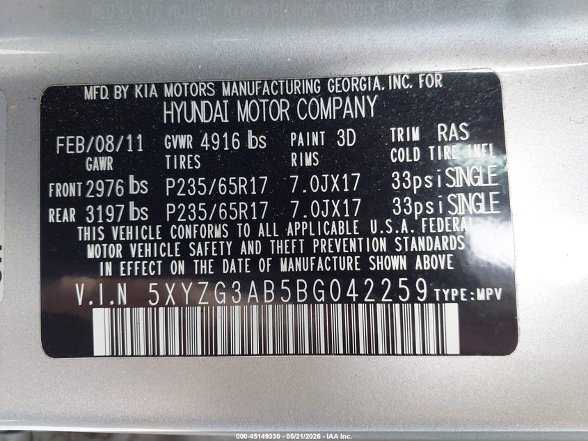 2011 Hyundai Santa fe VIN 5XYZG3AB5BG042259 IAAI salvage auction — NORMAL WEAR, Original (Kentucky), sold $1,150 on 2026-07-06 (photo 9)