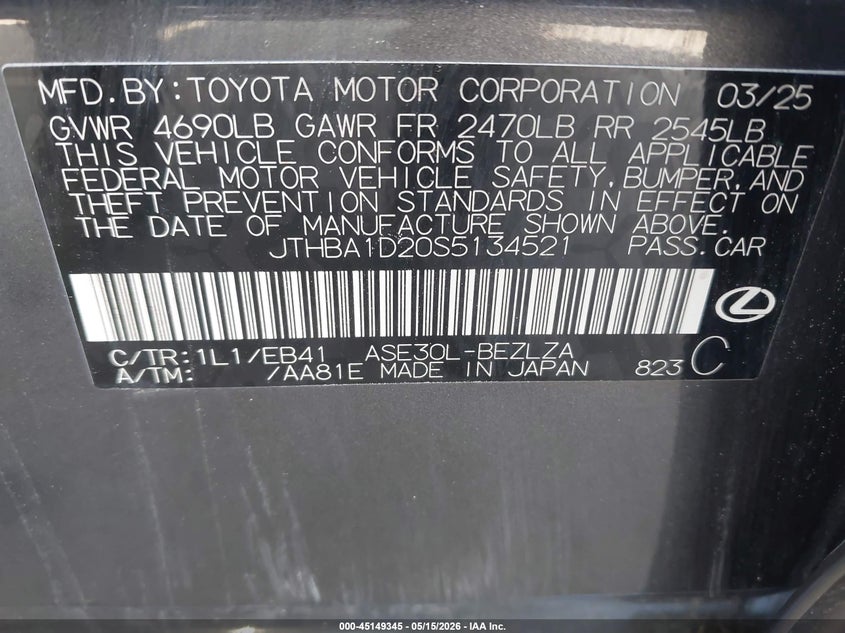 2025 Lexus Is 300 VIN JTHBA1D20S5134521 IAAI salvage auction — FRONT END, Salvage (California), sold $11,850 on 2026-07-22 (photo 9)