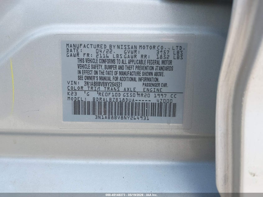 2022 Nissan Sentra VIN 3N1AB8BV8NY264931 IAAI salvage auction — FRONT END, Salvage (Kentucky), sold $1,400 on 2026-08-02 (photo 9)